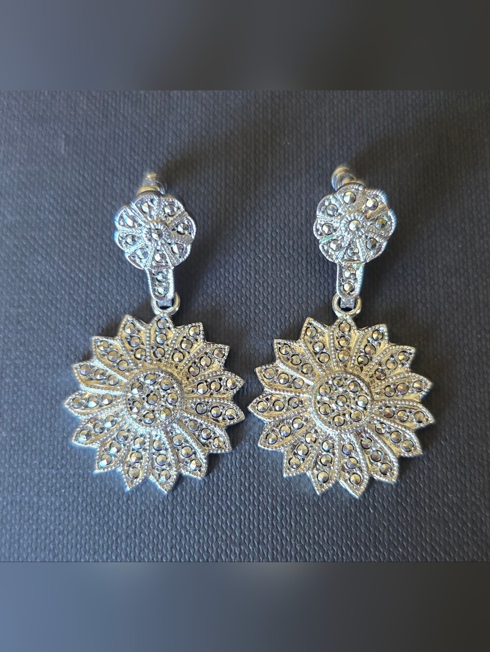 Sterling Silver 925 Sunflower Drop Earrings with Crystal Accents